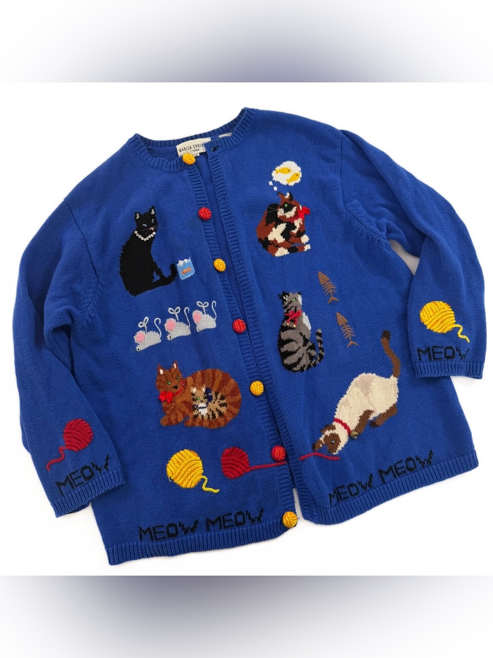 Vintage Marisa Christina Sweater Cardigan Womens 2X Cat Novelty Meow Mouse Fish